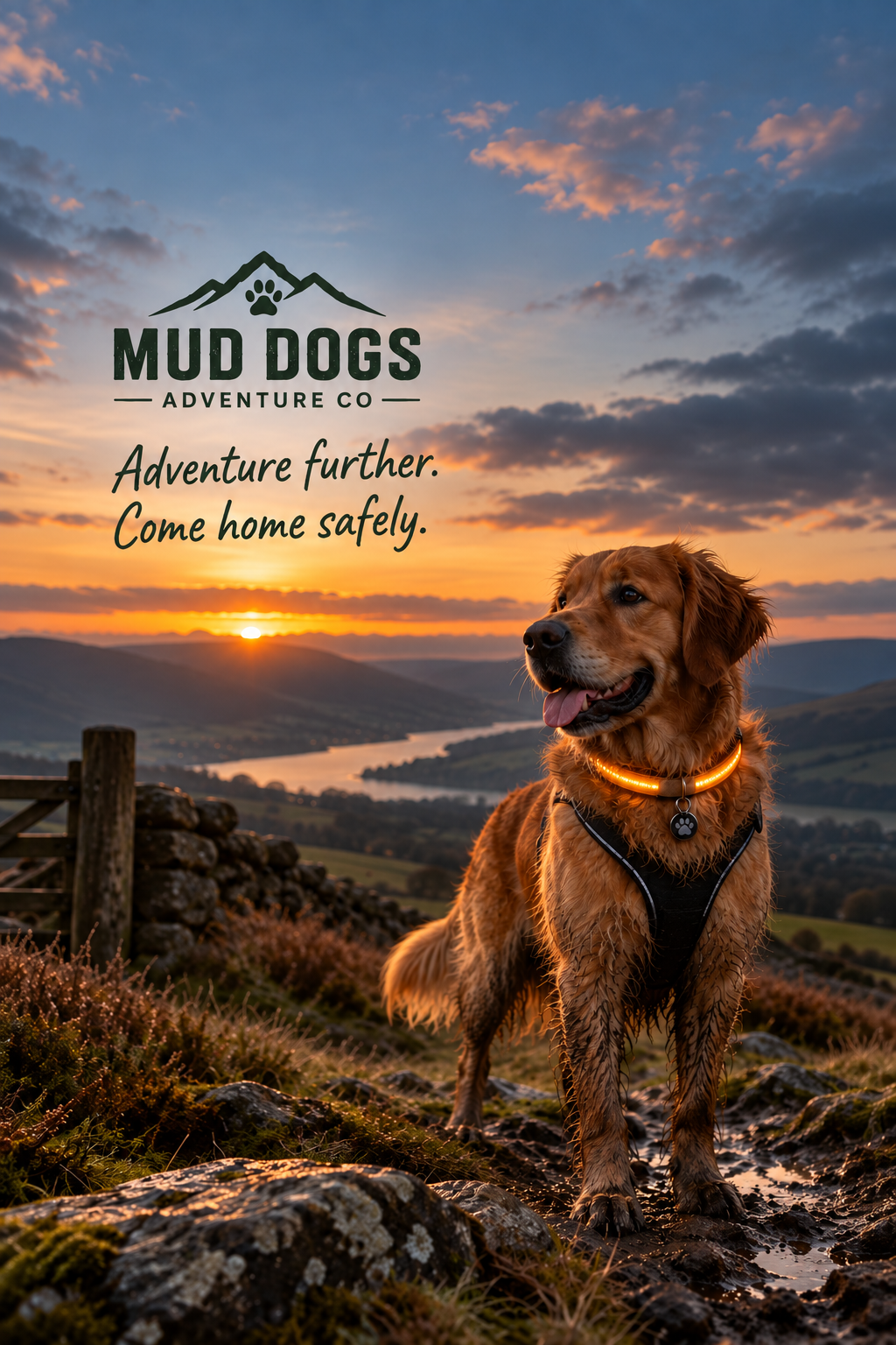 Mud Dogs Adventure Co dog wearing an illuminated collar at sunset, with full logo and tagline visible